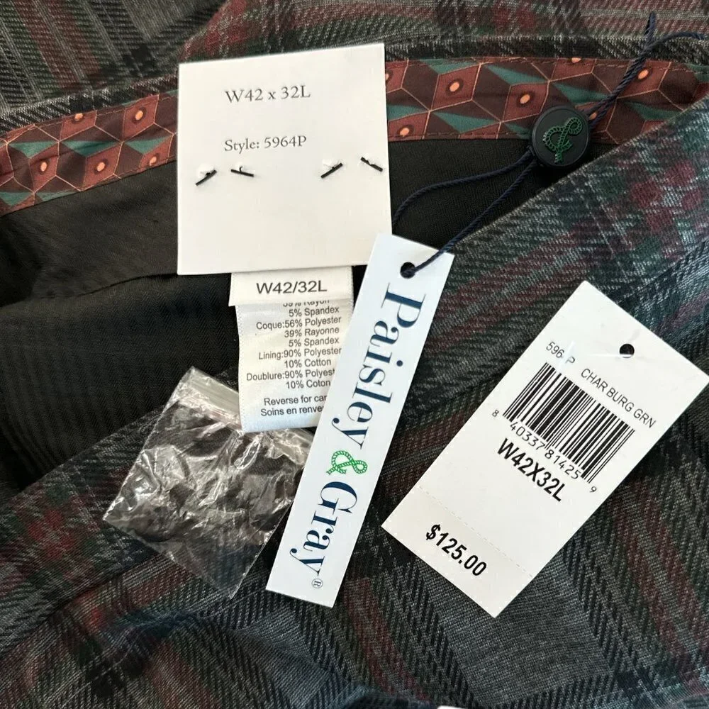 Paisley & Gray Downing Slim Stretch Tartan Plaid Charcoal Pants NWT New 42 x 32
